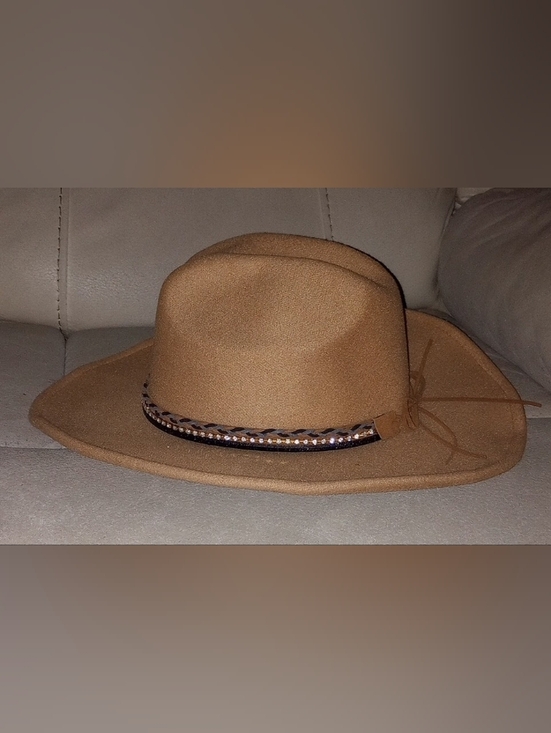 Stylish Brown Women's Felt Hat with Braided & Rhinestone Band - Picture 2 of 6